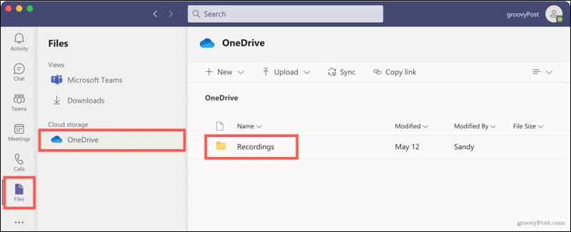 File, OneDrive, registrazioni in Teams