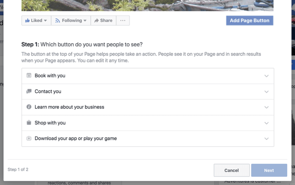Passaggio 1 per creare il pulsante di invito all'azione della pagina aziendale di Facebook.