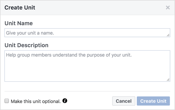 Assegna un nome e una descrizione all'unità del gruppo Facebook. 