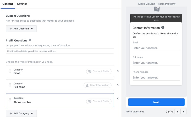 aggiungi domande personalizzate al modulo di generazione di lead di Facebook