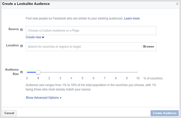 finestra di dialogo Facebook per creare un pubblico simile 