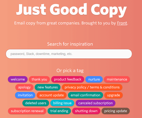 Just Good Copy ti dà esempi di email per iniziare.