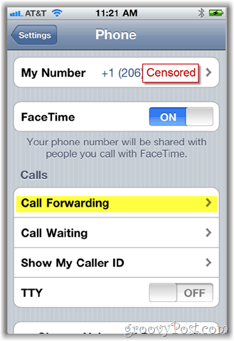 screenshot dell'opzione di inoltro di chiamata per iPhone