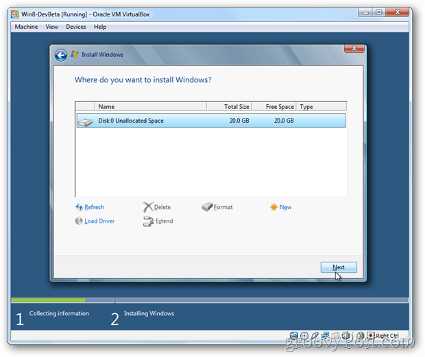VirtualBox Windows 8 sceglie il disco per l'installazione