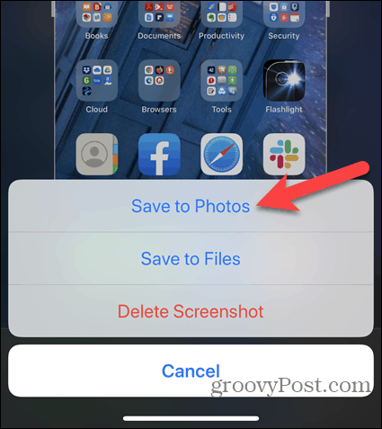 Tocca Salva su foto quando modifichi uno screenshot di iPhone
