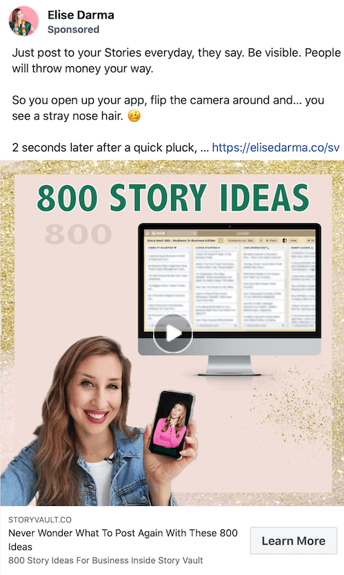 screenshot esempio di un post sponsorizzato da elise darma che promuove 800 idee per storie