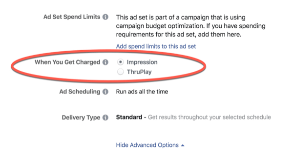 Costi per l'ottimizzazione ThruPlay di Facebook.