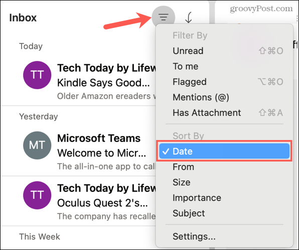 Ordina per data in Outlook su Mac