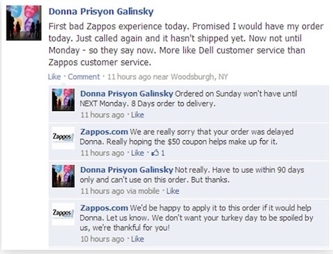 risposta del cliente zappos su facebook