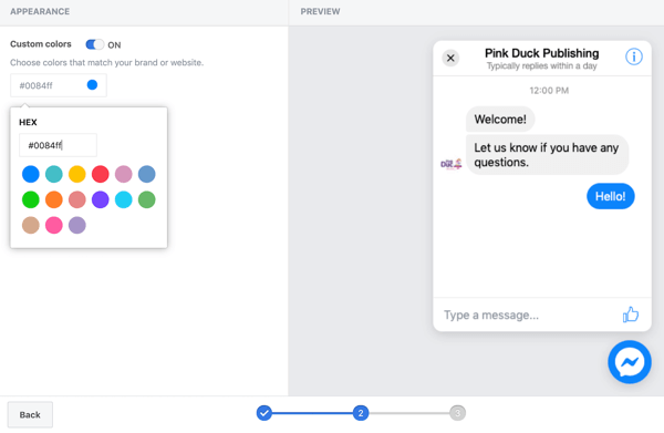 Utilizza Google Tag Manager con Facebook, passaggio 11, opzioni per impostare colori personalizzati per il plug-in della chat di Facebook