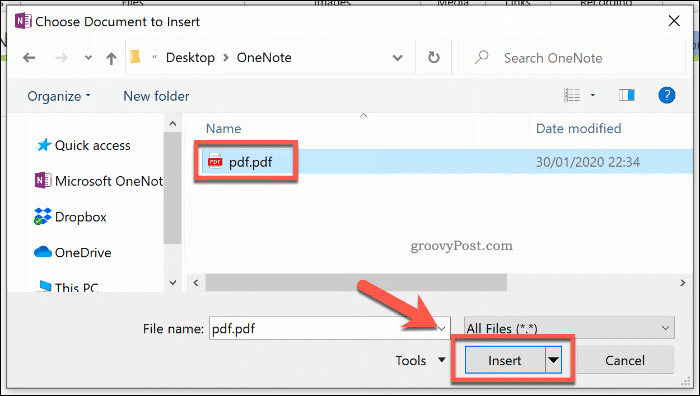 Inserimento di una stampa di file in OneNote