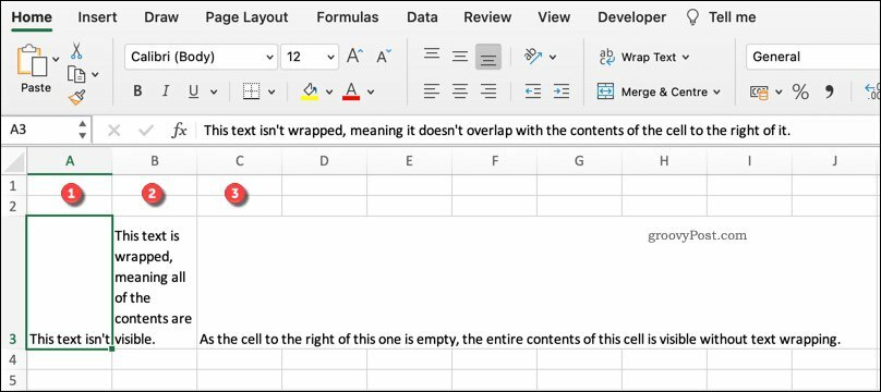 Un esempio di vari formati di disposizione del testo in Excel