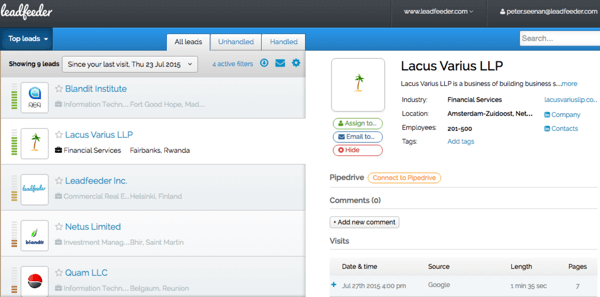 Leader utilizza i dati di Google Analytics per mostrare i dettagli sui visitatori del tuo sito web.