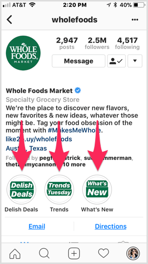 Punti salienti di Instagram sul profilo di Whole Foods.