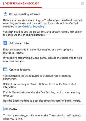 elenco di controllo per il live streaming di YouTube