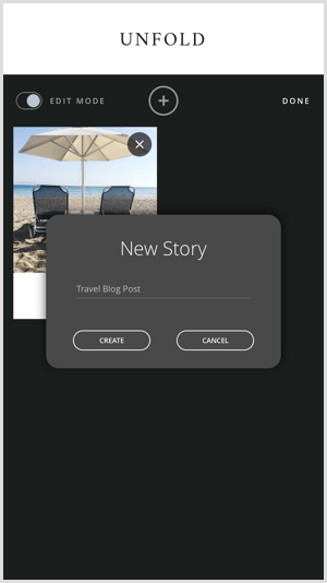 Tocca l'icona + per creare una nuova storia con Unfold.
