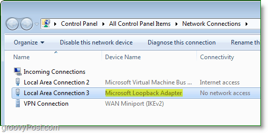 Schermata di rete di Windows 7: l'adattatore Microsoft Loopback visibile nella finestra delle connessioni di rete