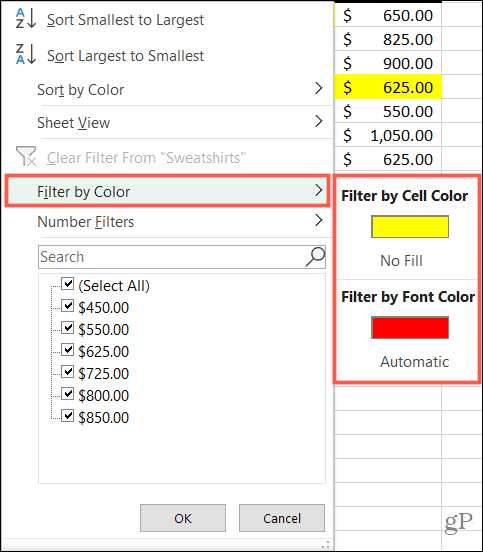 Filtra per colore in Excel