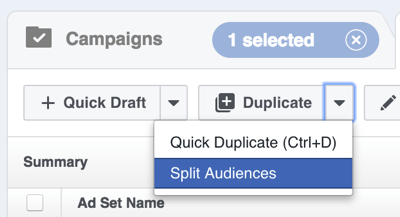 In Facebook Power Editor, fai clic sulla freccia a destra di Duplica e seleziona Dividi pubblico.