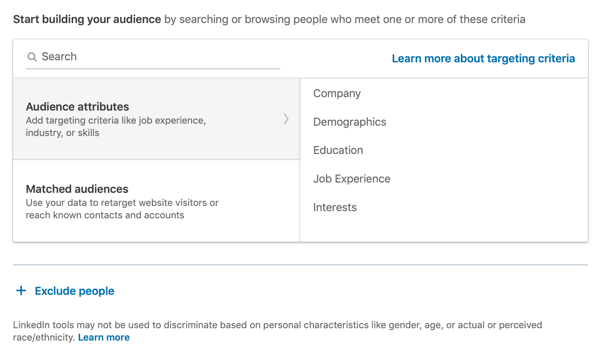 Come creare un annuncio di testo LinkedIn, passaggio 7, Inizia a costruire il tuo pubblico, opzione attributi del pubblico