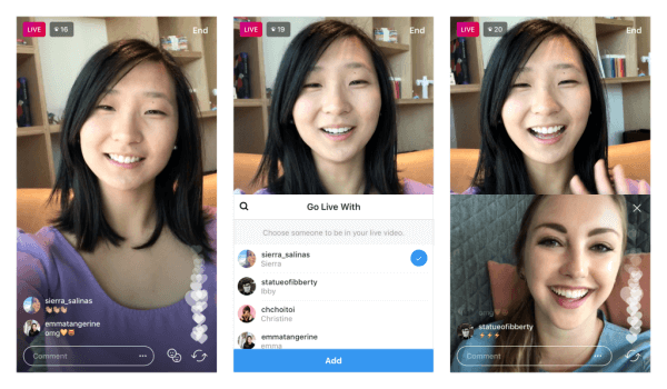 Instagram verifica la capacità di condividere la trasmissione video in diretta con un altro utente.