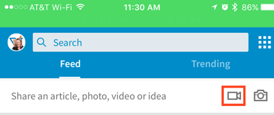 Fare clic sull'icona della videocamera per creare un aggiornamento video di LinkedIn.