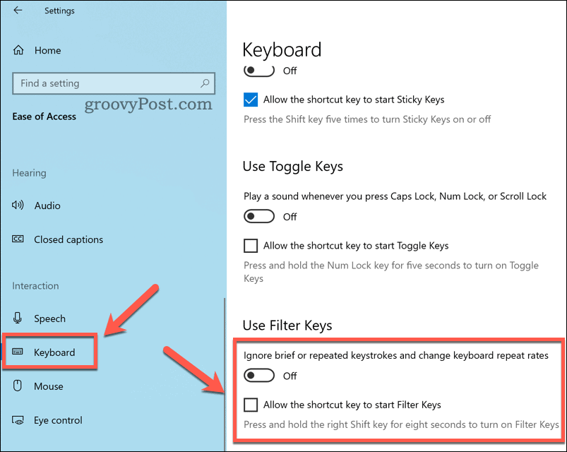 Configurazione delle impostazioni delle chiavi di filtro su Windows 10