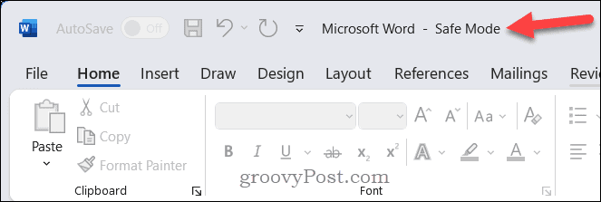 Finestra di Word che mostra la modalità provvisoria