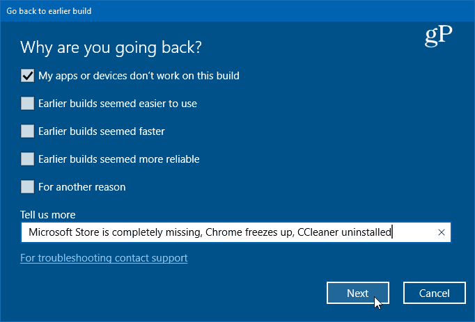 tornare alla versione precedente di Windows 10