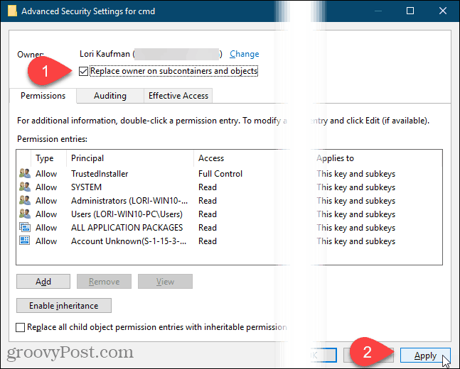 Fare clic su Applica nella finestra di dialogo Impostazioni di sicurezza avanzate nel registro di Windows