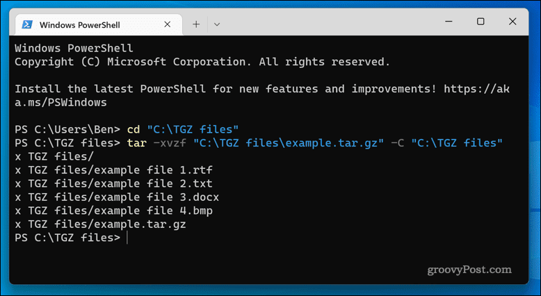 Estrazione di file TGZ su Windows 11 utilizzando l'app del terminale