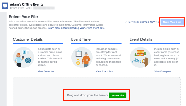 Opzione per trascinare e rilasciare il file di dati su Facebook Ads Manager.