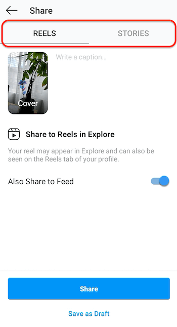 screenshot della schermata di pubblicazione di instagram che mostra la scheda bobine che consente di condividere le bobine nell'esplorazione e nel tuo feed