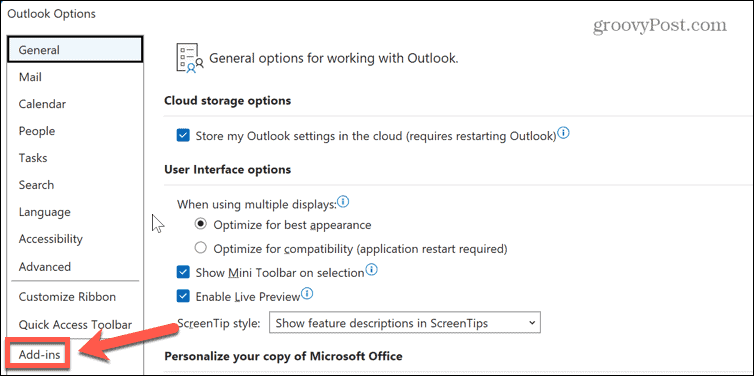 menu dei componenti aggiuntivi di Outlook