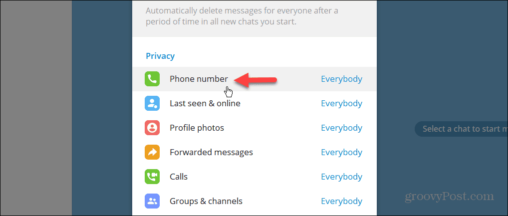 Impostazione della privacy del numero di telefono nell'app desktop Telegram