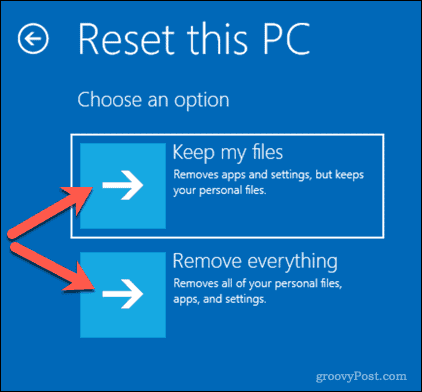 Opzioni per il ripristino di un PC Windows 10