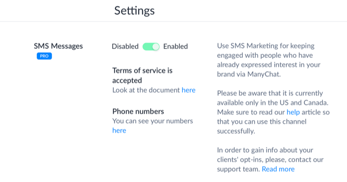 Opzione ManyChat SMS nelle impostazioni