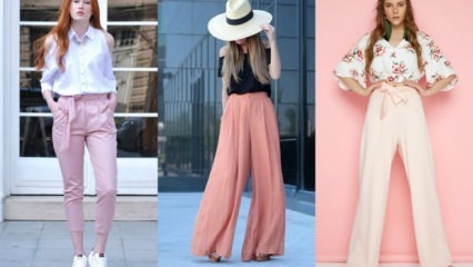 4 diverse combinazioni con pantaloni di carta rosa 