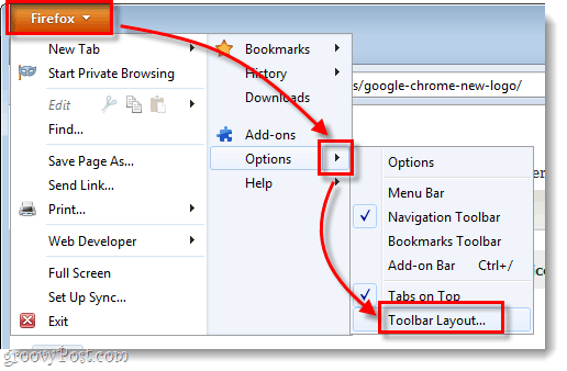 opzioni di menu di Firefox> layout della barra degli strumenti