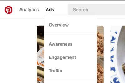 Puoi trovare la sezione Pinterest Ads nella barra di navigazione in alto a sinistra.