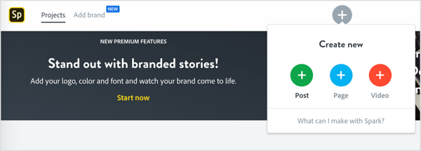 Tocca l'icona + per creare un nuovo post in Adobe Spark.