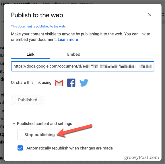 Interrompi la pubblicazione di un documento in Google Documenti