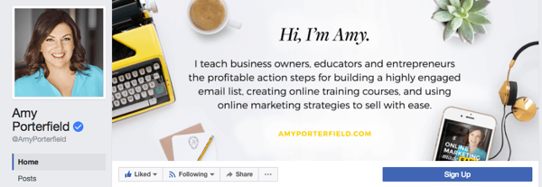 Amy Porterfield ha una pagina aziendale che presenta una foto del profilo professionale e una pagina di copertina che evidenzia i prodotti e i servizi offerti dalla sua attività.