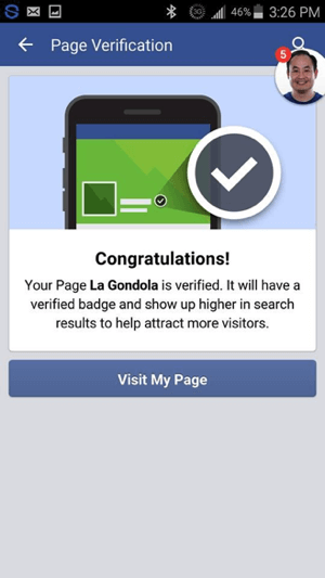 Dovresti vedere un messaggio che indica che la tua pagina Facebook è stata verificata.