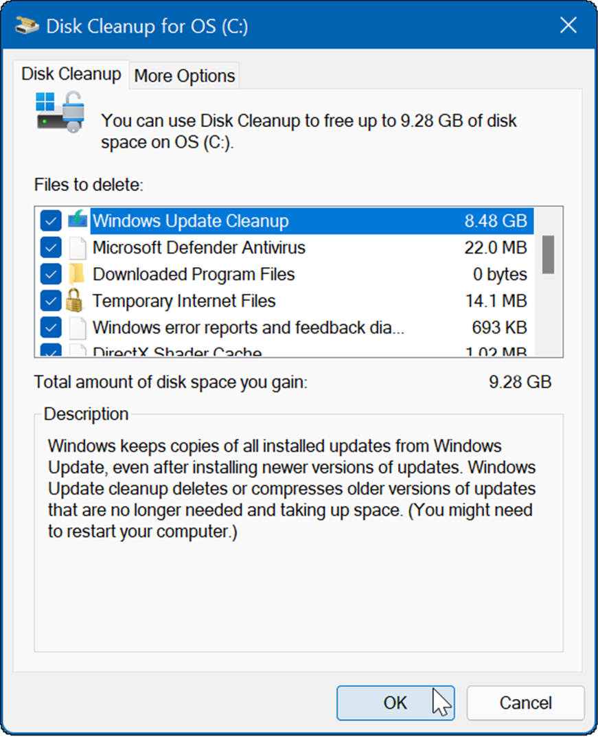 il risultato saranno diversi file temporanei, inclusa la pulizia di Windows Update