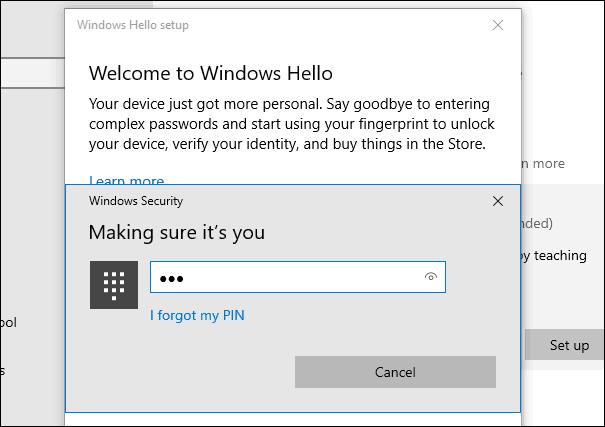 Impronta digitale Windows Hello a 2 PIN