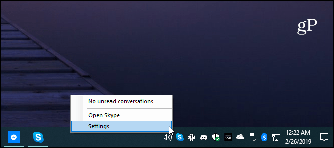 Vassoio di sistema delle impostazioni di Skype