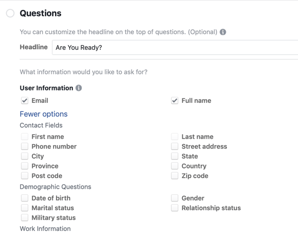 Opzioni di domanda per una campagna pubblicitaria principale di Facebook.