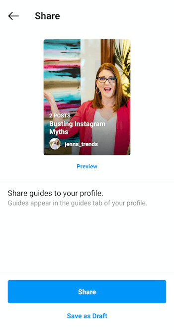 esempio crea ora la schermata di condivisione della guida di Instagram con l'anteprima in blu sotto l'immagine di copertina, insieme alle opzioni del pulsante inferiore di condivisione e salva come bozza