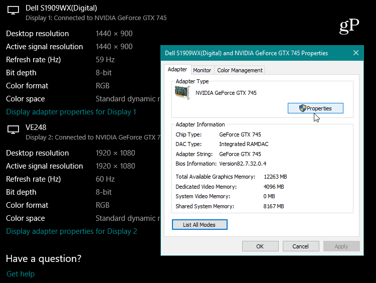Proprietà della scheda grafica Windows 10